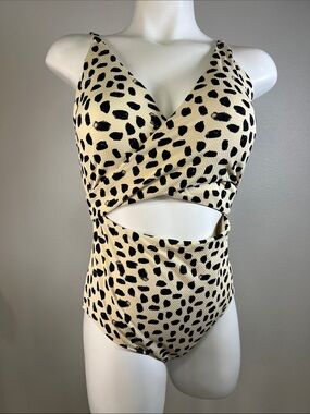 aerie Cream and Black Leopard Cutout One-Piece Swimsuit LARGE